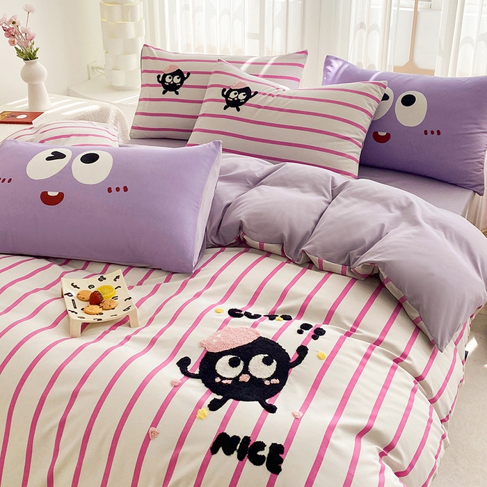 91家纺网 家纺一手货源 找家纺 眷恋家纺 2026新款多巴胺水洗棉毛巾绣四件套 煤球-树莓粉