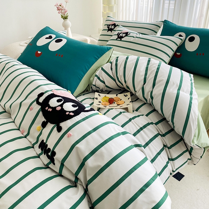 91家纺网 家纺一手货源 找家纺 眷恋家纺 2026新款多巴胺水洗棉毛巾绣四件套 煤球-奶油绿