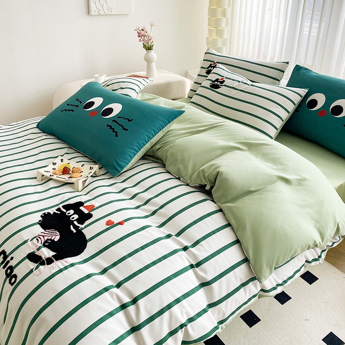 91家纺网 家纺一手货源 找家纺 眷恋家纺 2026新款多巴胺水洗棉毛巾绣四件套 猫咪-奶油绿