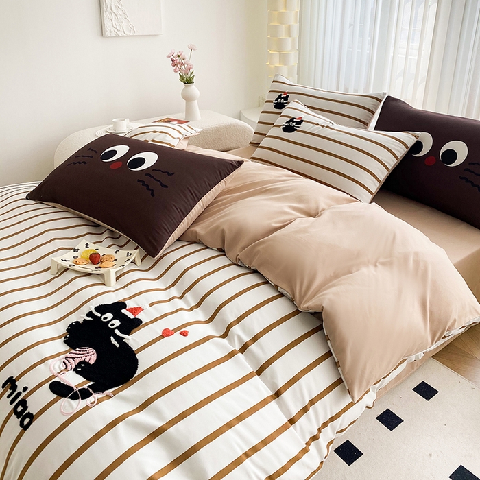 91家纺网 家纺一手货源 找家纺 眷恋家纺 2026新款多巴胺水洗棉毛巾绣四件套 猫咪-焦糖咖