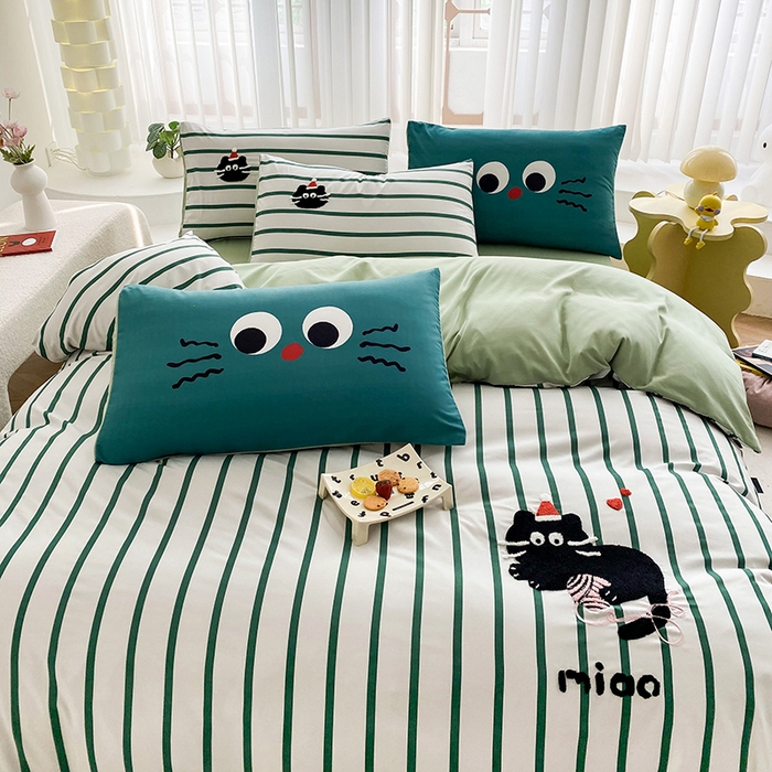 91家纺网 家纺一手货源 找家纺 眷恋家纺 2026新款多巴胺水洗棉毛巾绣四件套 猫咪-奶油绿