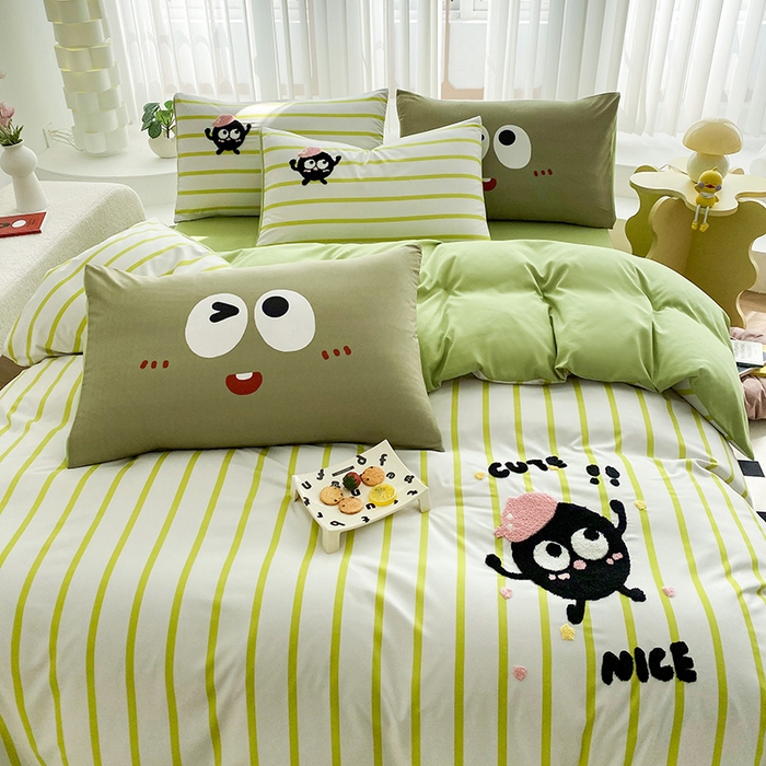 91家纺网 家纺一手货源 找家纺 眷恋家纺 2026新款多巴胺水洗棉毛巾绣四件套 煤球-果绿