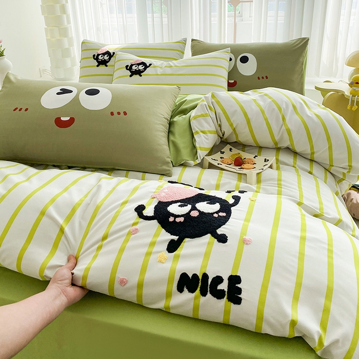 91家纺网 家纺一手货源 找家纺 眷恋家纺 2026新款多巴胺水洗棉毛巾绣四件套 煤球-果绿