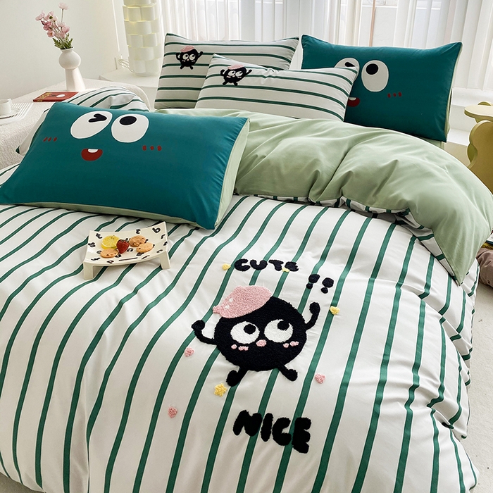 91家纺网 家纺一手货源 找家纺 眷恋家纺 2026新款多巴胺水洗棉毛巾绣四件套 煤球-奶油绿