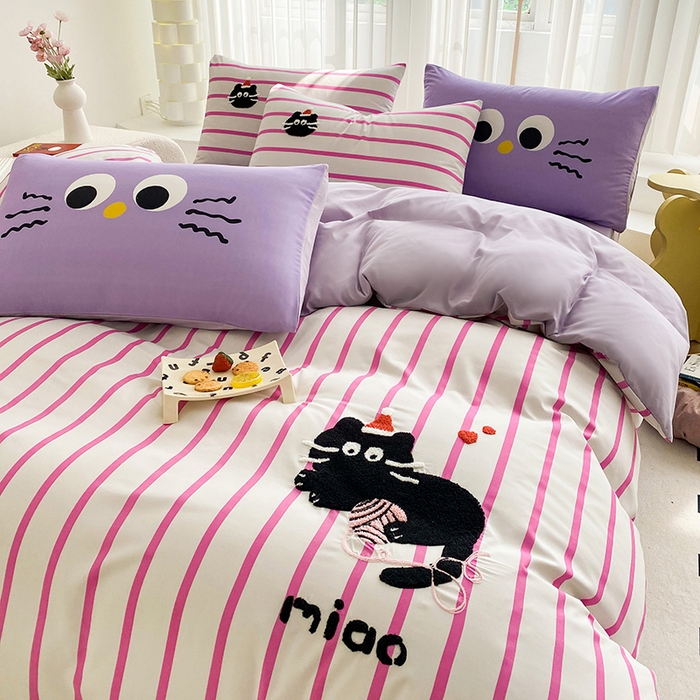 91家纺网 家纺一手货源 找家纺 眷恋家纺 2026新款多巴胺水洗棉毛巾绣四件套 猫咪-树莓粉