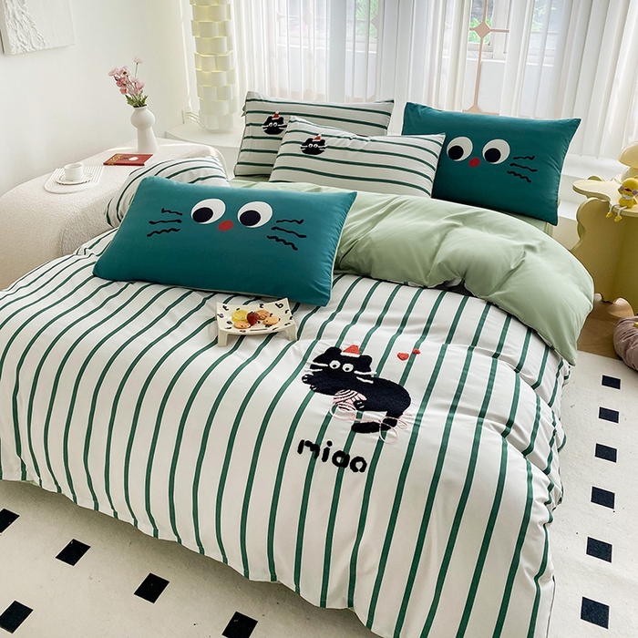 91家纺网 家纺一手货源 找家纺 眷恋家纺 2026新款多巴胺水洗棉毛巾绣四件套 猫咪-奶油绿