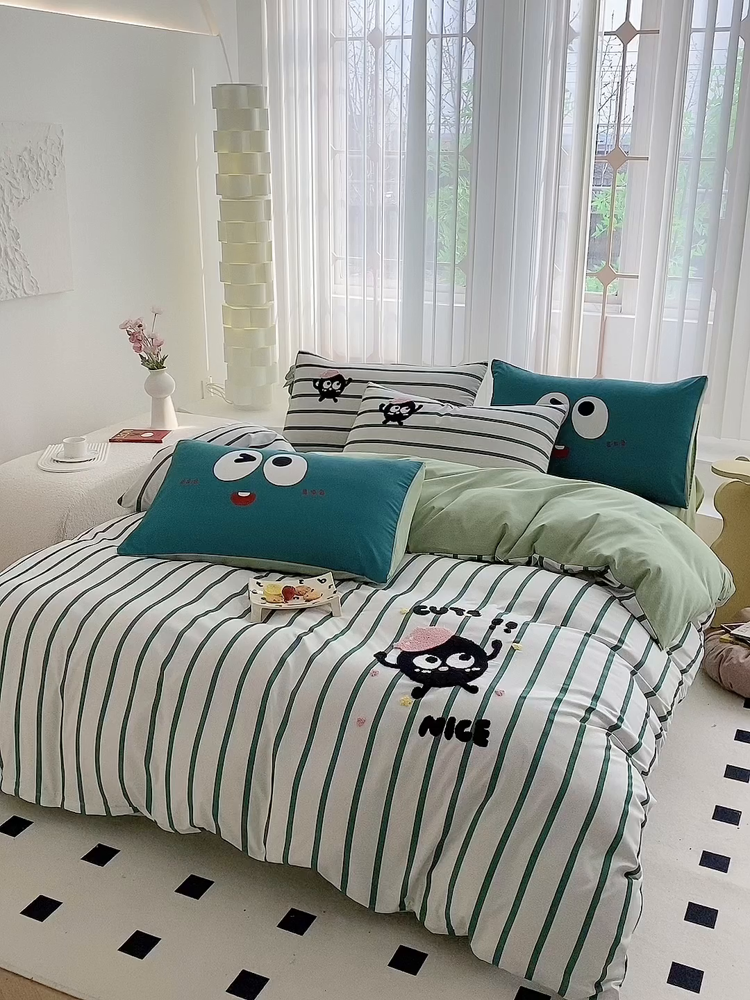 91家纺网 家纺一手货源 找家纺 眷恋家纺 2026新款多巴胺水洗棉毛巾绣四件套 煤球-奶油绿