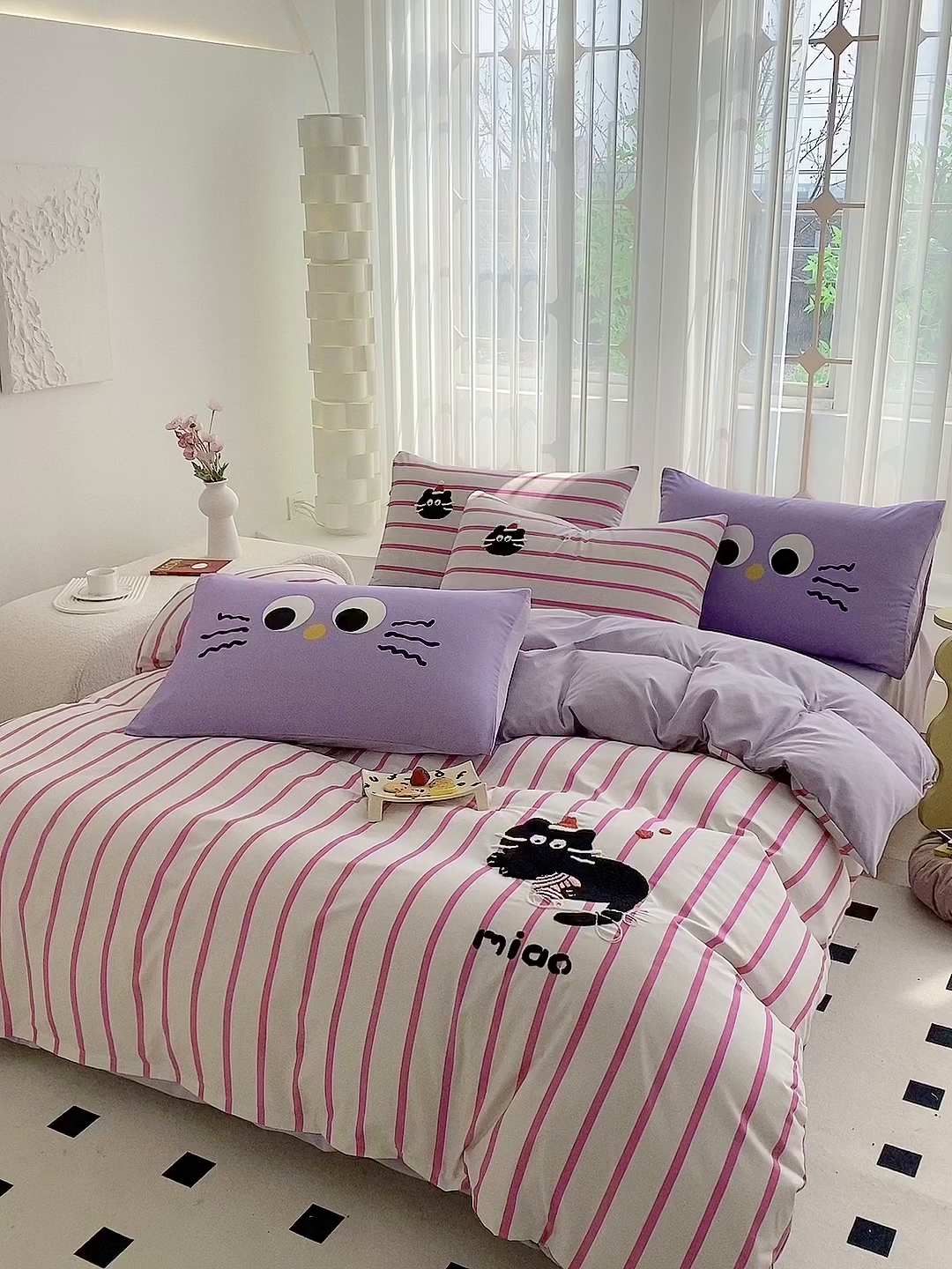 91家纺网 家纺一手货源 找家纺 眷恋家纺 2026新款多巴胺水洗棉毛巾绣四件套 猫咪-树莓粉