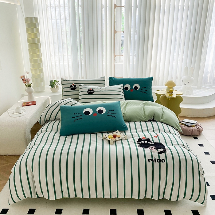 91家纺网 家纺一手货源 找家纺 眷恋家纺 2026新款多巴胺水洗棉毛巾绣四件套 猫咪-奶油绿