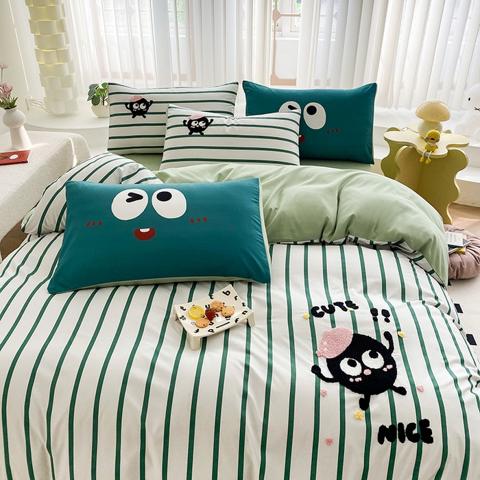 91家纺网 家纺一手货源 找家纺 眷恋家纺 2026新款多巴胺水洗棉毛巾绣四件套 煤球-奶油绿