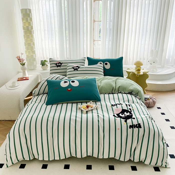 91家纺网 家纺一手货源 找家纺 眷恋家纺 2026新款多巴胺水洗棉毛巾绣四件套 煤球-奶油绿