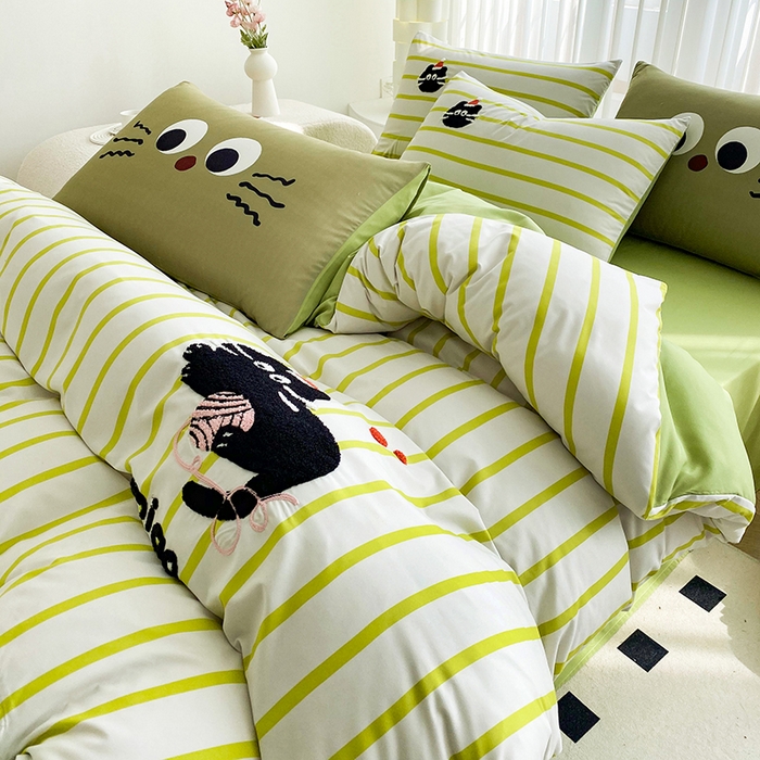 91家纺网 家纺一手货源 找家纺 眷恋家纺 2026新款多巴胺水洗棉毛巾绣四件套 猫咪-果绿