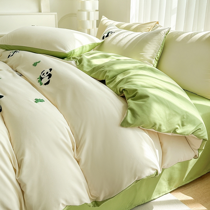 眷恋家纺 2026新款卡通毛巾绣水洗棉四件套 熊猫-米黄+云川绿