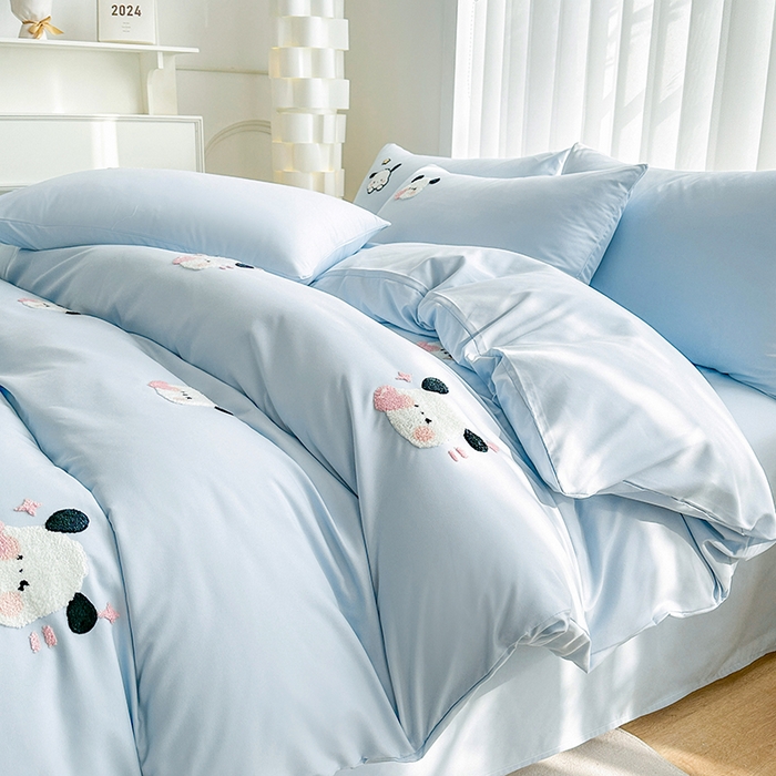 眷恋家纺 2026新款卡通毛巾绣水洗棉四件套 迷你狗-天蓝