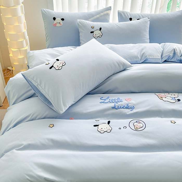 91家纺网 家纺一手货源 找家纺 眷恋家纺 2026新款卡通毛巾绣水洗棉四件套 小幸运-天蓝