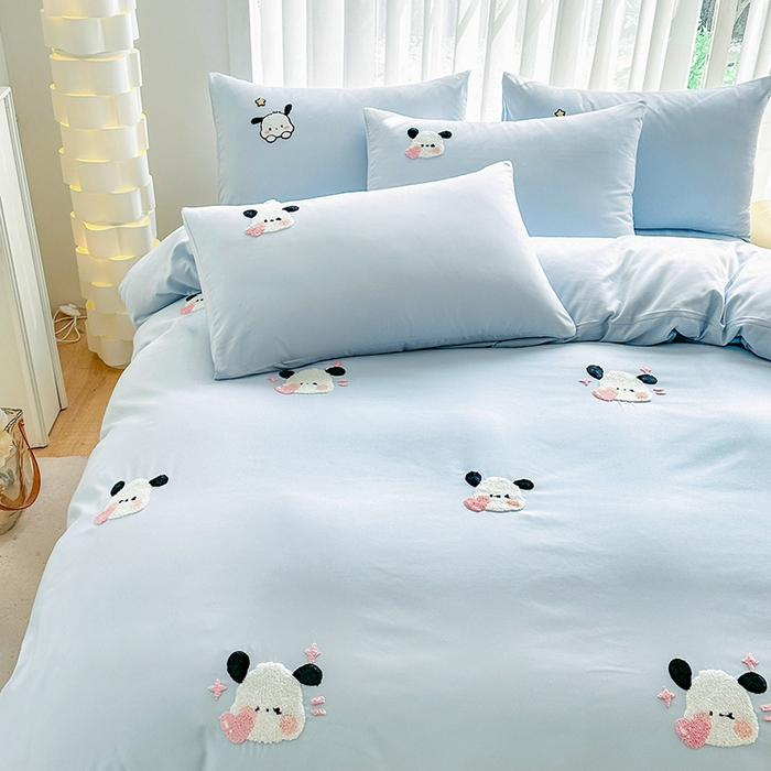 91家纺网 家纺一手货源 找家纺 眷恋家纺 2026新款卡通毛巾绣水洗棉四件套 迷你狗-天蓝