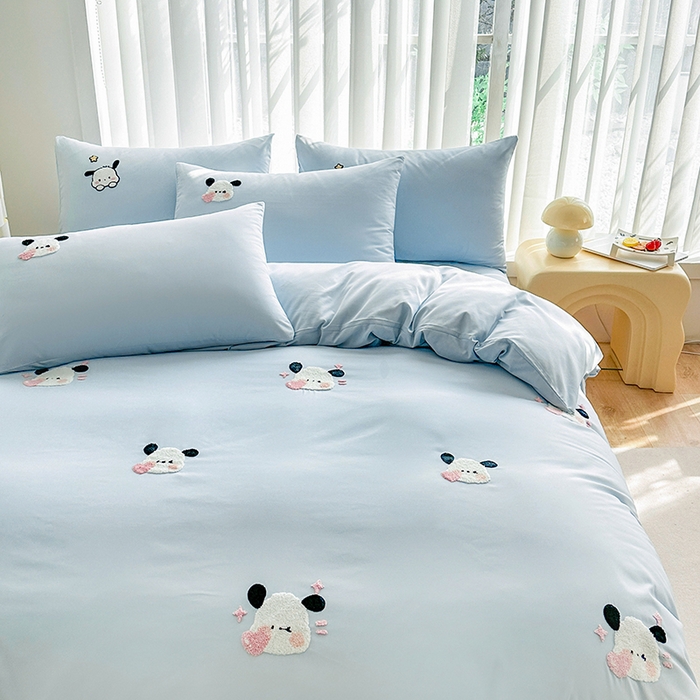 91家纺网 家纺一手货源 找家纺 眷恋家纺 2026新款卡通毛巾绣水洗棉四件套 迷你狗-天蓝