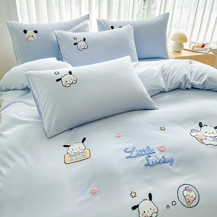 91家纺网 家纺一手货源 找家纺 眷恋家纺 2026新款卡通毛巾绣水洗棉四件套 小幸运-天蓝