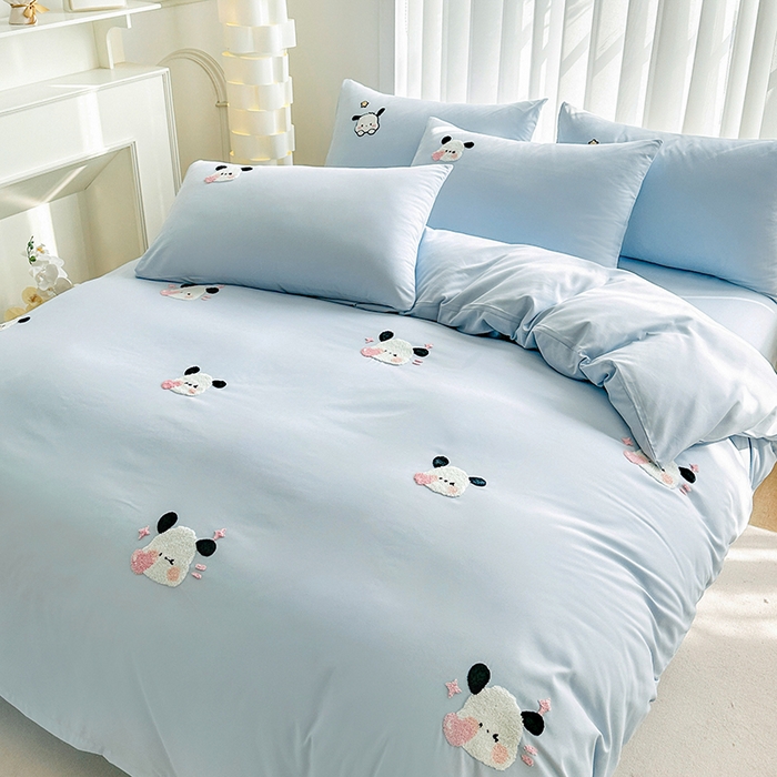 91家纺网 家纺一手货源 找家纺 眷恋家纺 2026新款卡通毛巾绣水洗棉四件套 迷你狗-天蓝