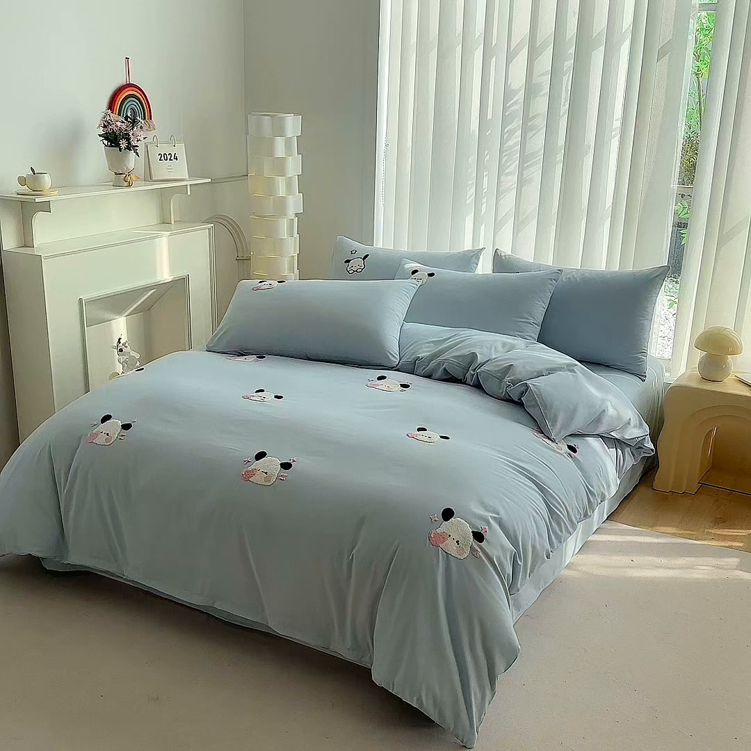 91家纺网 家纺一手货源 找家纺 眷恋家纺 2026新款卡通毛巾绣水洗棉四件套 迷你狗-天蓝