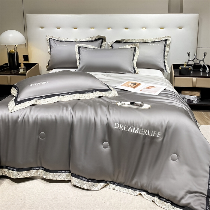 91家纺网 家纺一手货源 找家纺 眷恋家纺 2026新款水洗真丝冰丝宽边刺绣夏被三件套四件套-克里斯汀系列 克里斯汀-中灰+山灰