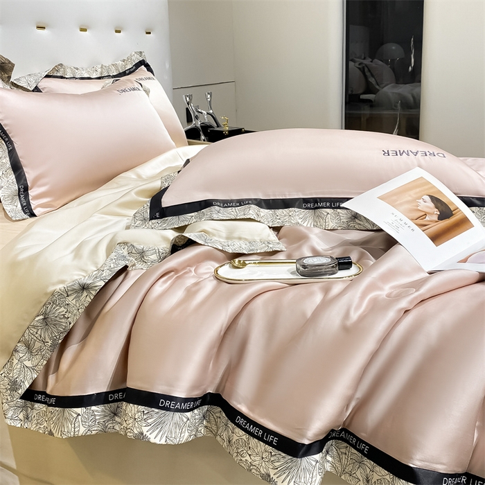 91家纺网 家纺一手货源 找家纺 眷恋家纺 2026新款水洗真丝冰丝宽边刺绣夏被三件套四件套-克里斯汀系列 克里斯汀-浅豆沙+奶茶