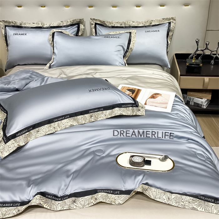 91家纺网 家纺一手货源 找家纺 眷恋家纺 2026新款水洗真丝冰丝宽边刺绣夏被三件套四件套-克里斯汀系列 克里斯汀-海清+山灰