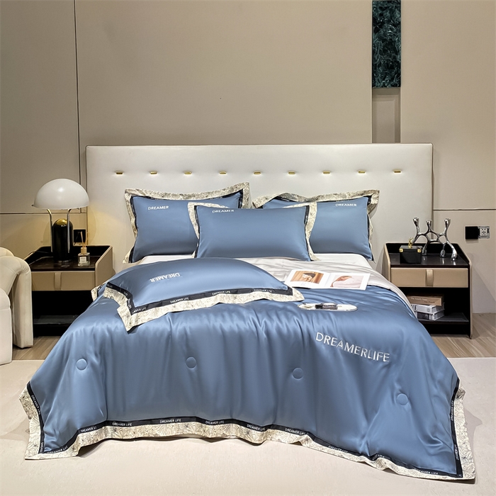 91家纺网 家纺一手货源 找家纺 眷恋家纺 2026新款水洗真丝冰丝宽边刺绣夏被三件套四件套-克里斯汀系列 克里斯汀-宾利蓝+山灰