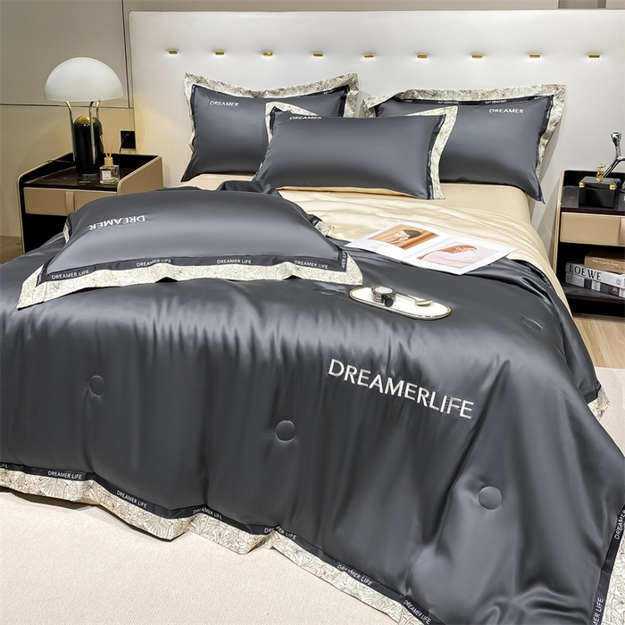 91家纺网 家纺一手货源 找家纺 眷恋家纺 2026新款水洗真丝冰丝宽边刺绣夏被三件套四件套-克里斯汀系列 克里斯汀-高级灰+奶茶