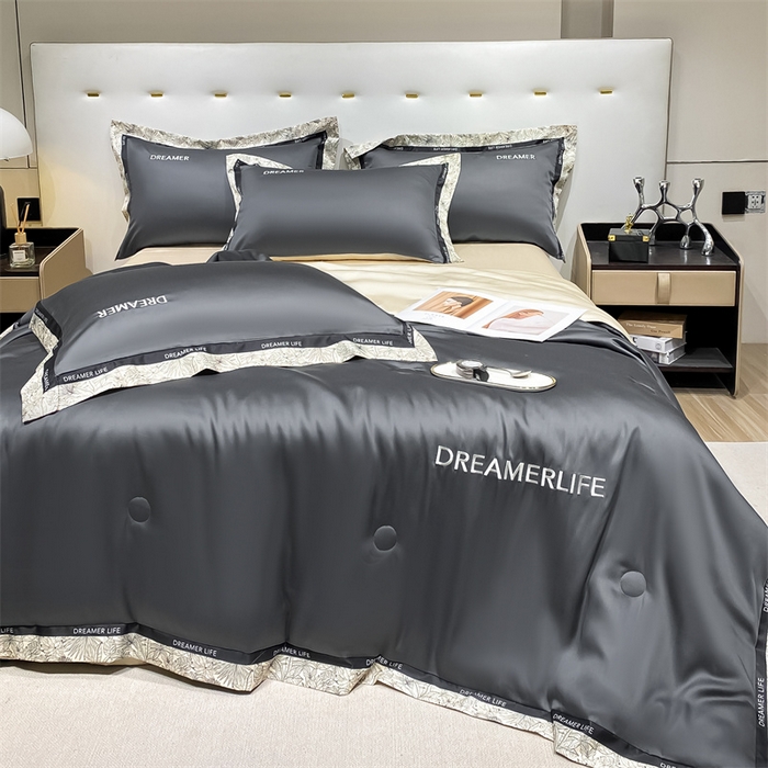 91家纺网 家纺一手货源 找家纺 眷恋家纺 2026新款水洗真丝冰丝宽边刺绣夏被三件套四件套-克里斯汀系列 克里斯汀-高级灰+奶茶