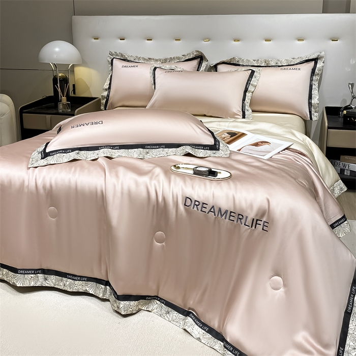 91家纺网 家纺一手货源 找家纺 眷恋家纺 2026新款水洗真丝冰丝宽边刺绣夏被三件套四件套-克里斯汀系列 克里斯汀-浅豆沙+奶茶