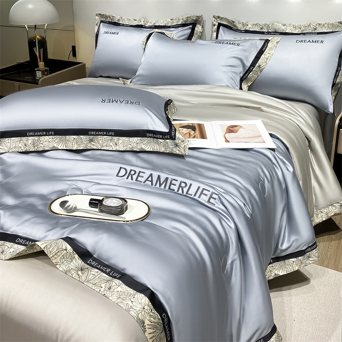 91家纺网 家纺一手货源 找家纺 眷恋家纺 2026新款水洗真丝冰丝宽边刺绣夏被三件套四件套-克里斯汀系列 克里斯汀-海清+山灰