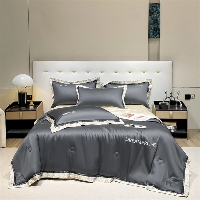 91家纺网 家纺一手货源 找家纺 眷恋家纺 2026新款水洗真丝冰丝宽边刺绣夏被三件套四件套-克里斯汀系列 克里斯汀-高级灰+奶茶