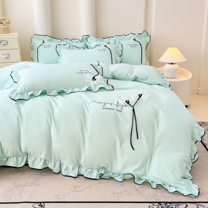 91家纺网 家纺一手货源 找家纺 莉迪娅 2026新款A类糯小棉刺绣花边四件套-雅韵系列 雅韵-绿