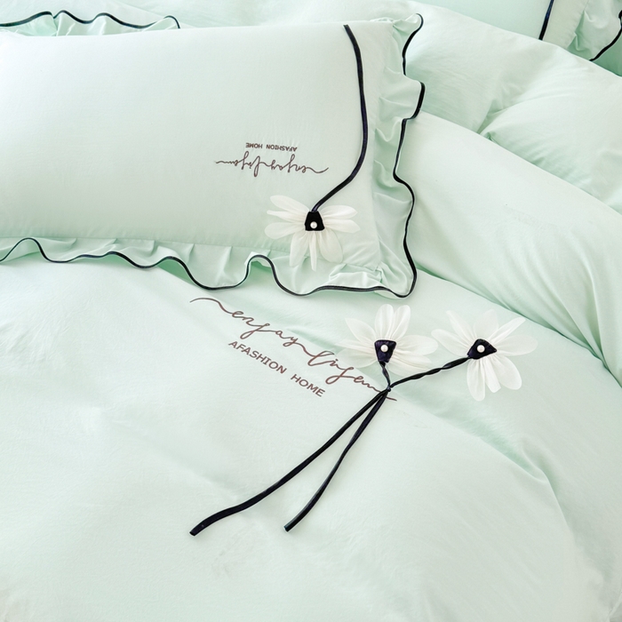 91家纺网 家纺一手货源 找家纺 莉迪娅 2026新款A类糯小棉刺绣花边四件套-雅韵系列 雅韵-绿