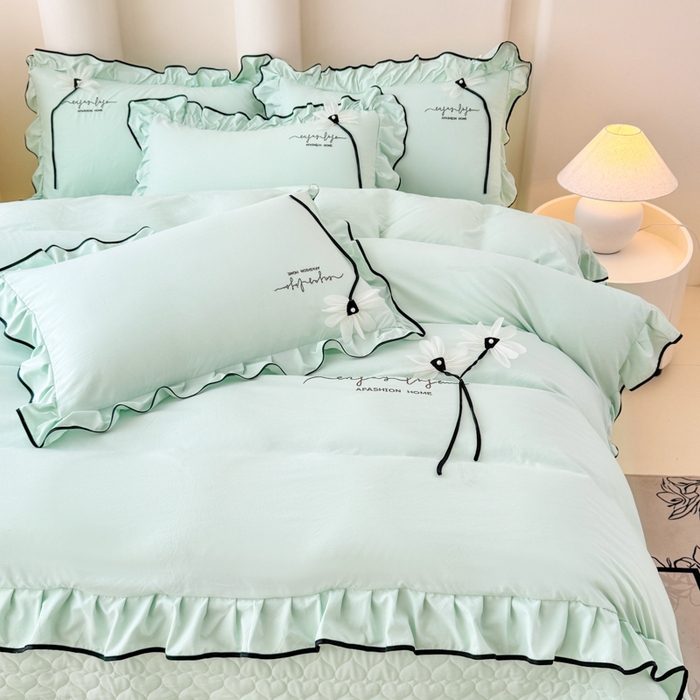 91家纺网 家纺一手货源 找家纺 莉迪娅 2026新款A类糯小棉刺绣花边四件套-雅韵系列 雅韵-绿