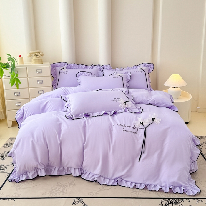 91家纺网 家纺一手货源 找家纺 莉迪娅 2026新款A类糯小棉刺绣花边四件套-雅韵系列 雅韵-紫