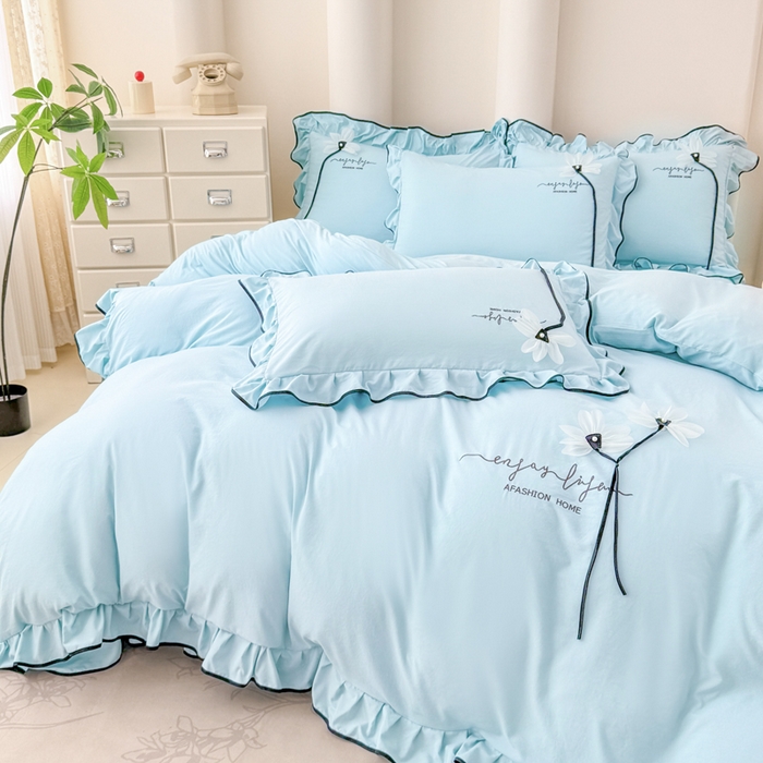 91家纺网 家纺一手货源 找家纺 莉迪娅 2026新款A类糯小棉刺绣花边四件套-雅韵系列 雅韵-蓝