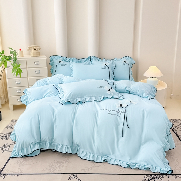 91家纺网 家纺一手货源 找家纺 莉迪娅 2026新款A类糯小棉刺绣花边四件套-雅韵系列 雅韵-蓝