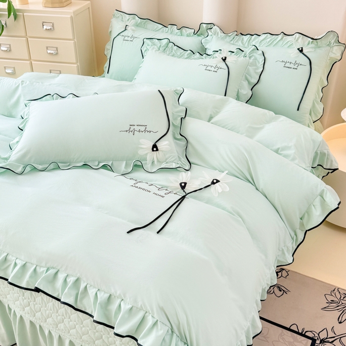 91家纺网 家纺一手货源 找家纺 莉迪娅 2026新款A类糯小棉刺绣花边四件套-雅韵系列 雅韵-绿