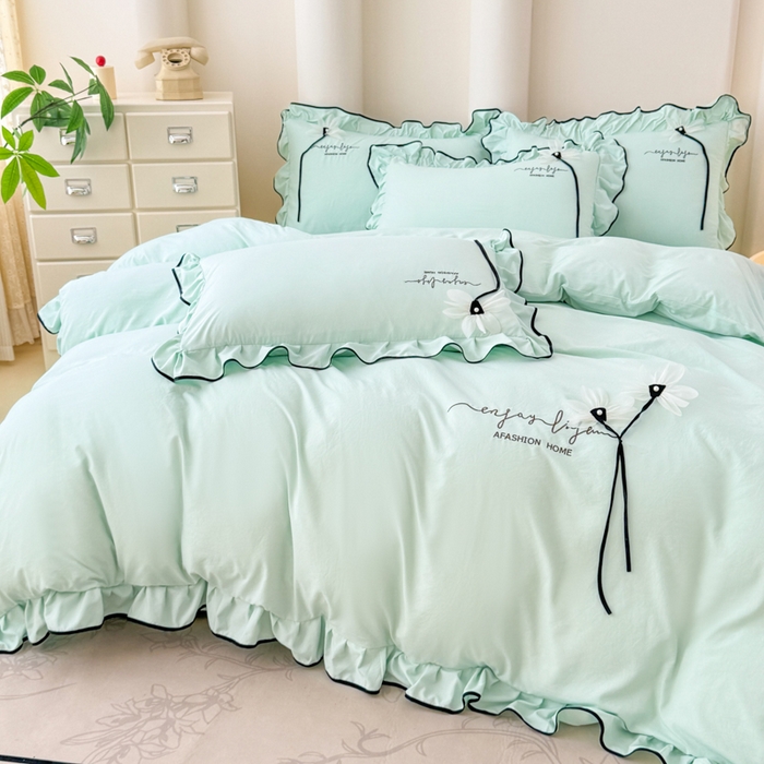 91家纺网 家纺一手货源 找家纺 莉迪娅 2026新款A类糯小棉刺绣花边四件套-雅韵系列 雅韵-绿