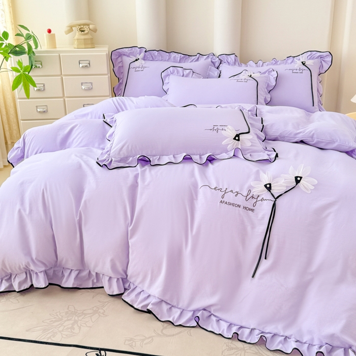 91家纺网 家纺一手货源 找家纺 莉迪娅 2026新款A类糯小棉刺绣花边四件套-雅韵系列 雅韵-紫