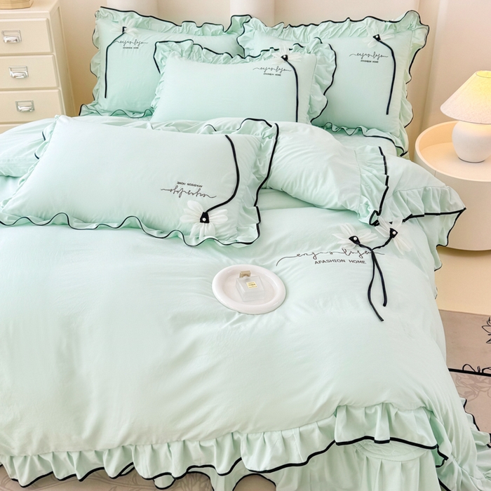 91家纺网 家纺一手货源 找家纺 莉迪娅 2026新款A类糯小棉刺绣花边四件套-雅韵系列 雅韵-绿