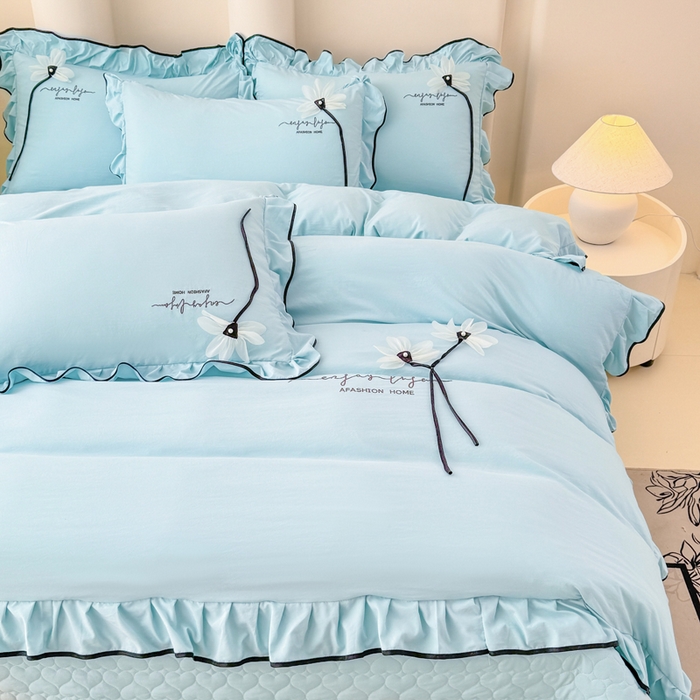 91家纺网 家纺一手货源 找家纺 莉迪娅 2026新款A类糯小棉刺绣花边四件套-雅韵系列 雅韵-蓝