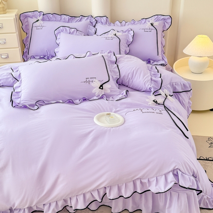 91家纺网 家纺一手货源 找家纺 莉迪娅 2026新款A类糯小棉刺绣花边四件套-雅韵系列 雅韵-紫