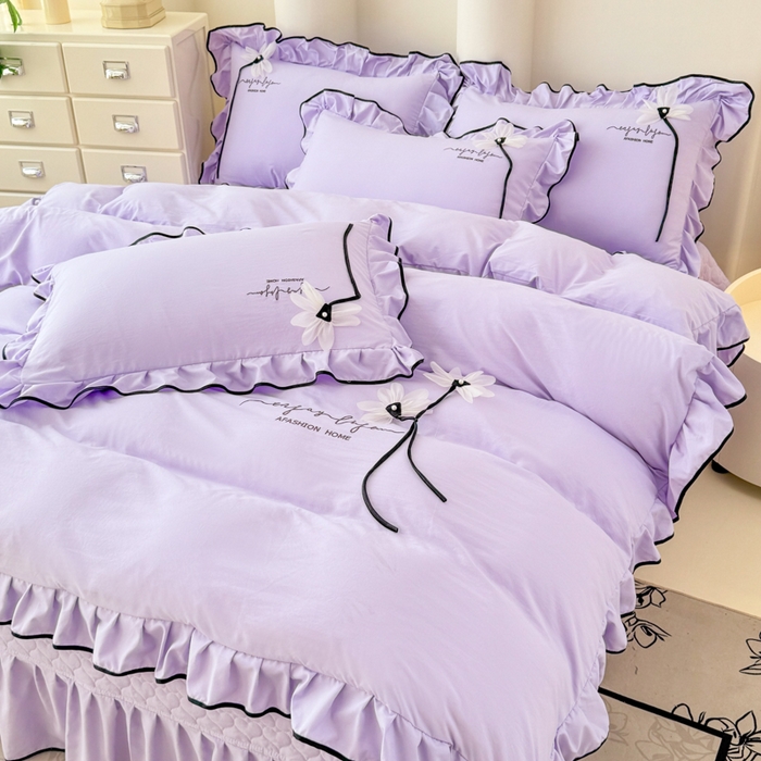 91家纺网 家纺一手货源 找家纺 莉迪娅 2026新款A类糯小棉刺绣花边四件套-雅韵系列 雅韵-紫