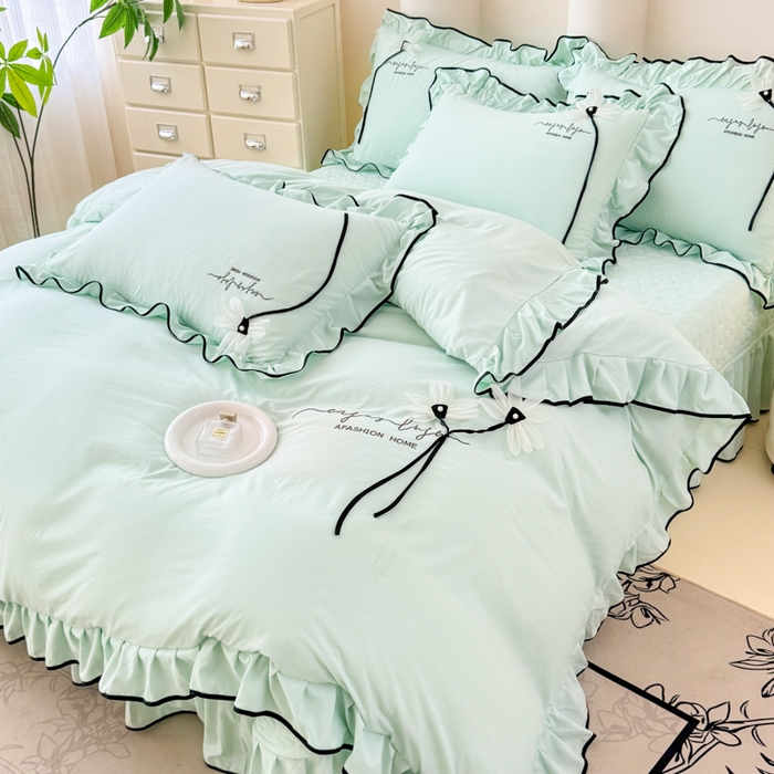 91家纺网 家纺一手货源 找家纺 莉迪娅 2026新款A类糯小棉刺绣花边四件套-雅韵系列 雅韵-绿