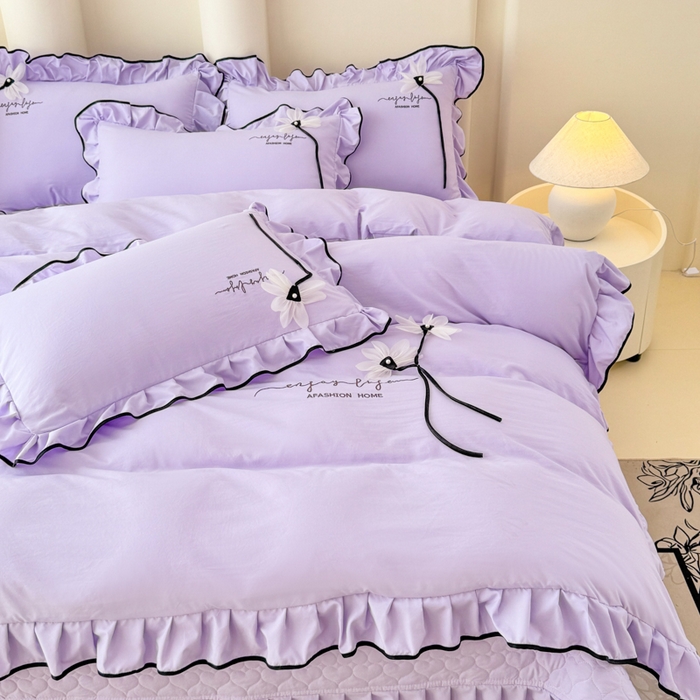 91家纺网 家纺一手货源 找家纺 莉迪娅 2026新款A类糯小棉刺绣花边四件套-雅韵系列 雅韵-紫