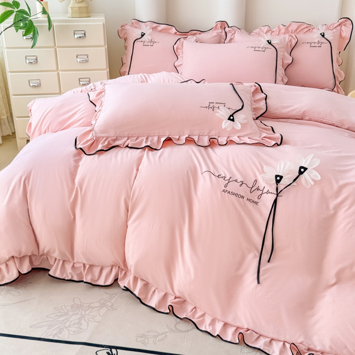 91家纺网 家纺一手货源 找家纺 莉迪娅 2026新款A类糯小棉刺绣花边四件套-雅韵系列 雅韵-粉