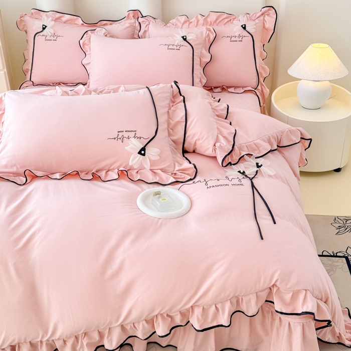 91家纺网 家纺一手货源 找家纺 莉迪娅 2026新款A类糯小棉刺绣花边四件套-雅韵系列 雅韵-粉